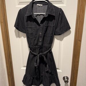 Black Denim Shirt Dress Short Sleeve Button Collared Belted M BAEVELY